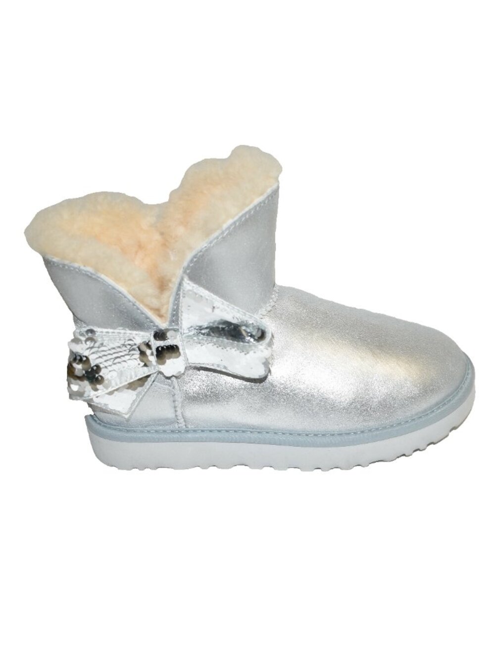 New! Ugg Mini Sequin Bow Bootie Silver Leather Size 6 1096012 DD30